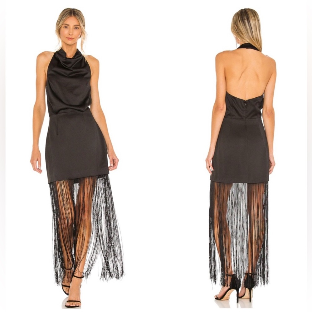 ELLIATT x Revolve Beatrice Halterneck Draped Neckline Fringe Black Dress Size S